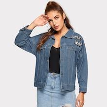 Shein Drop Shoulder Letter Patched Denim Jacket