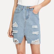 Shein Ripped Raw Hem Split Denim Skirt