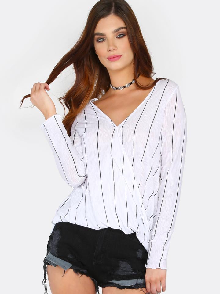 Shein Overlap Stripe Long Sleeve Top White