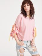 Shein Pink Contrast Trim Eyelet Tie Shirred Sleeve T-shirt