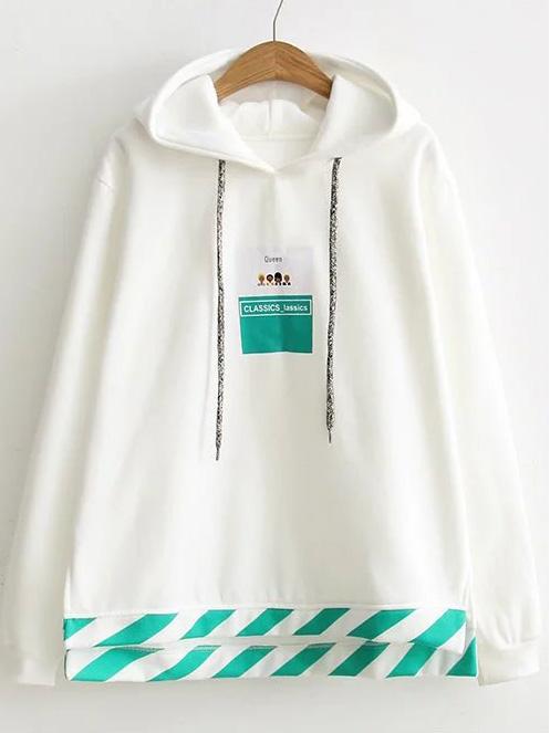 Shein White Printed High Low Hooded Sweatshirt