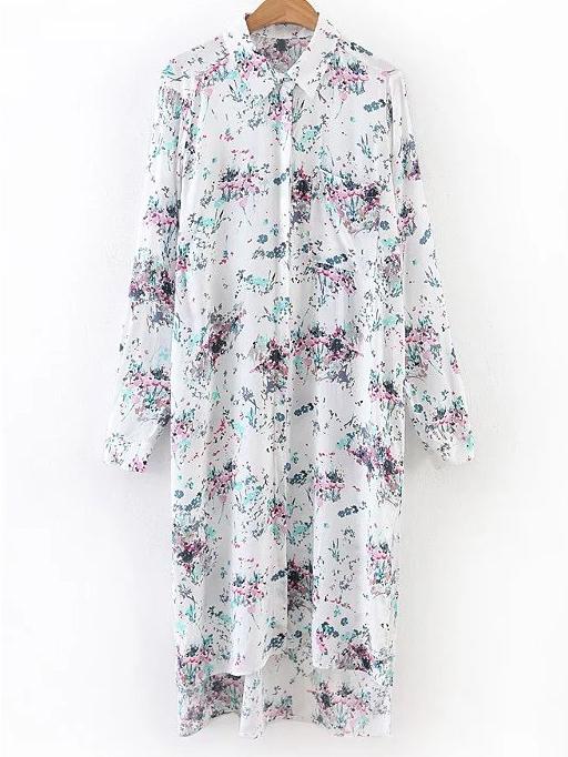 Shein Floral High Low Shirt Dress With Pocket