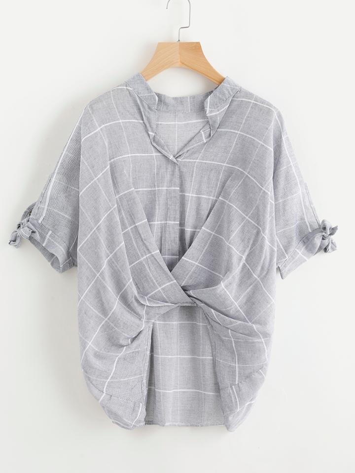 Shein Window Pane Plaid Tie Sleeve Drape Front Blouse