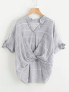 Shein Window Pane Plaid Tie Sleeve Drape Front Blouse