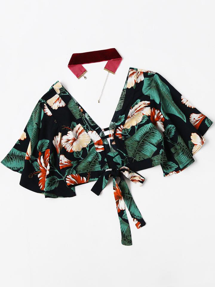 Shein Plunging V-neckline Floral Print Random Knot Crop Top