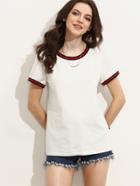 Shein White Striped Trim Short Sleeve T-shirt