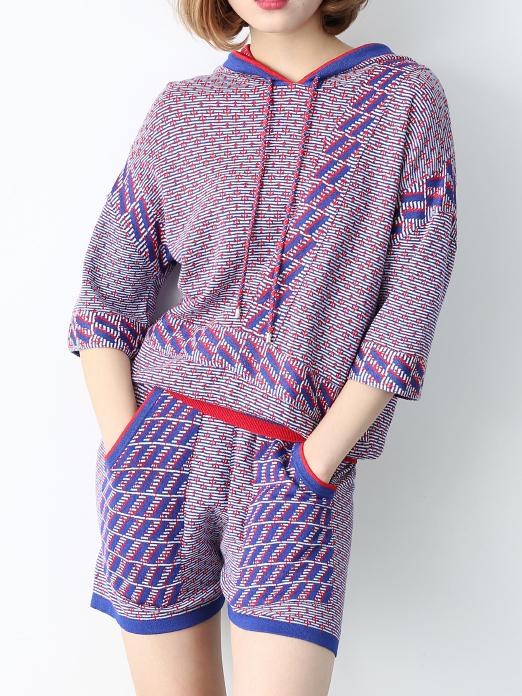 Shein Purple Hooded Knit Top With Pockets Shorts