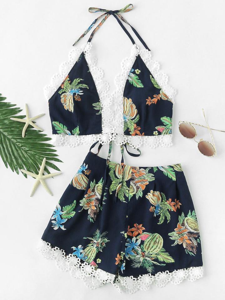 Shein Floral Lace Trim Halter Top And Shorts Co-ord