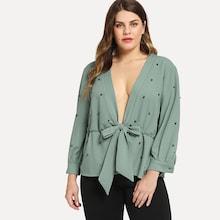 Shein Plus Pearl Beading Knot Front Peplum Top