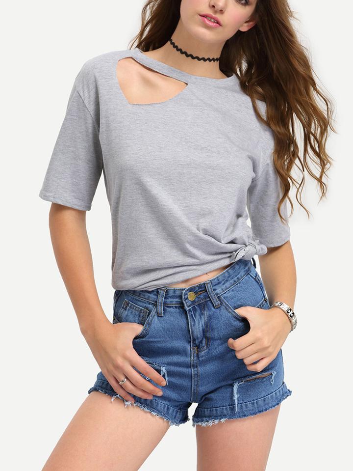 Shein Cutout Neck Side Slit T-shirt