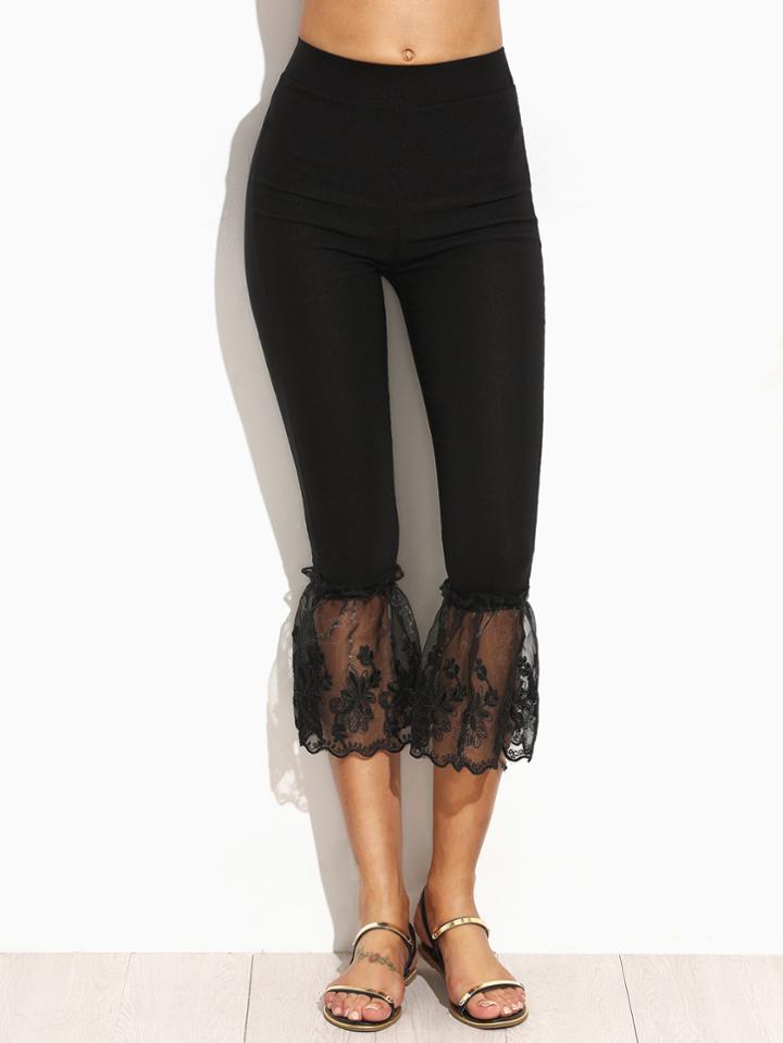 Shein Black Embroidered Lace Hem Skinny Leggings