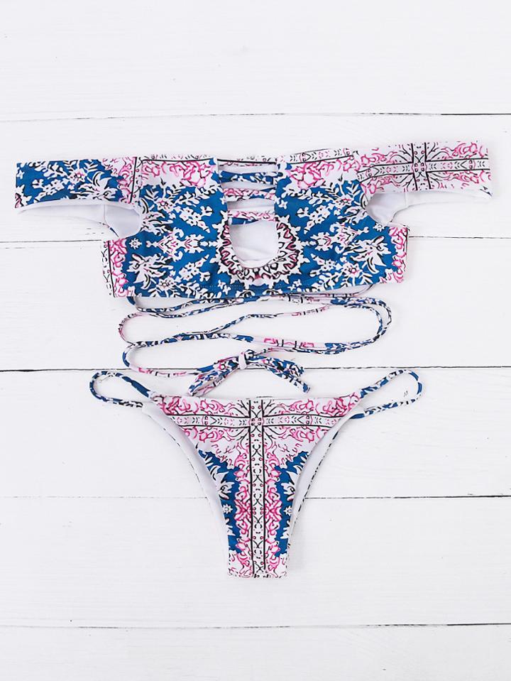 Shein Pink Tribal Print Off The Shoulder Criss Cross Bikini Set