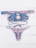 Shein Pink Tribal Print Off The Shoulder Criss Cross Bikini Set
