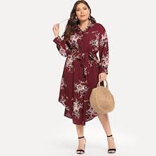 Shein Plus Floral Print Belted Curved Hem Dress