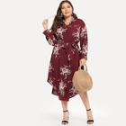 Shein Plus Floral Print Belted Curved Hem Dress
