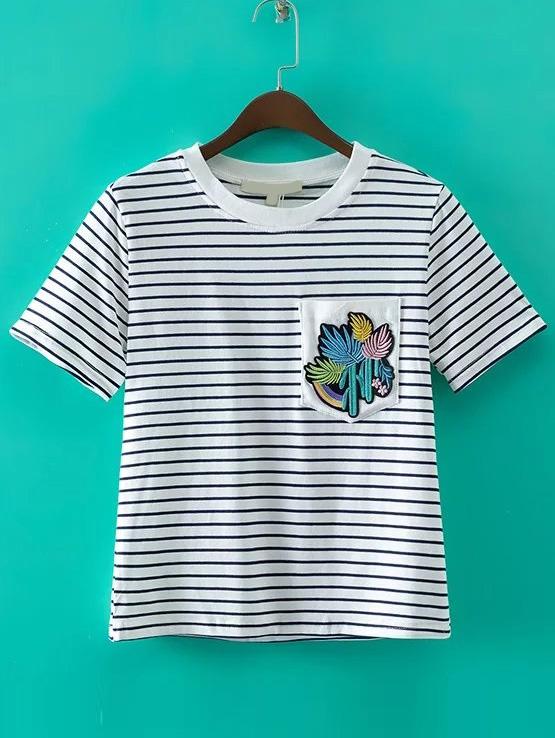 Shein White Striped Patch Embroidery Pocket T-shirt