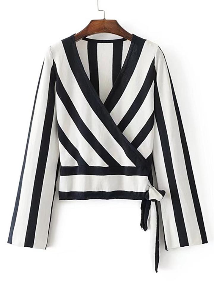 Shein Surplice Front Vertical Striped Tie Detail Wrap Knitwear