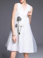 Shein White V Neck Flowers Embroidered Organza Dress