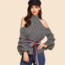 Shein Open Shoulder Gathered Sleeve Halter Top