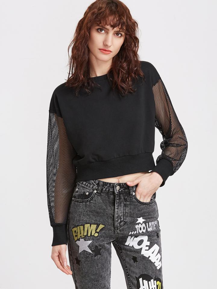 Shein Black Drop Shoulder Fishnet Sleeve Sweatshirt