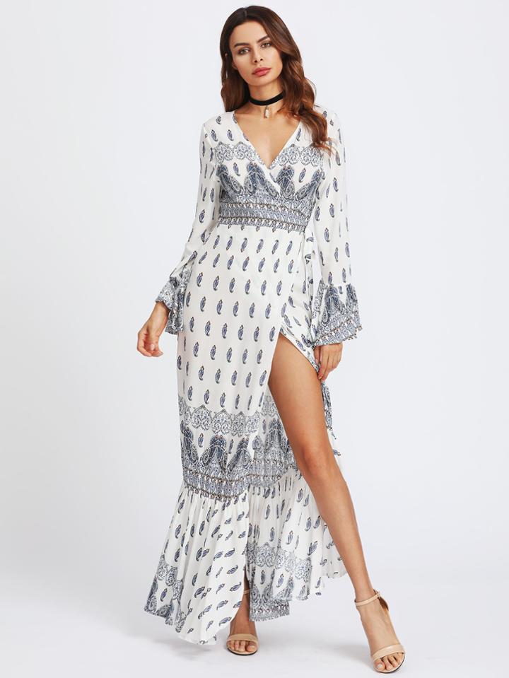 Shein Ornate Print Flute Sleeve Fishtail Hem Wrap Dress