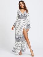 Shein Ornate Print Flute Sleeve Fishtail Hem Wrap Dress
