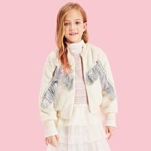 Shein Girls Zip Up Fringe Trim Fleece Jacket