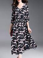 Shein Black V Neck Elastic-waist Birds Print Dress