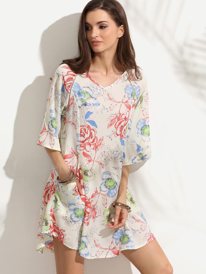 Shein Ivory Floral Print Half Sleeve Keyhole Back Pockets Dress