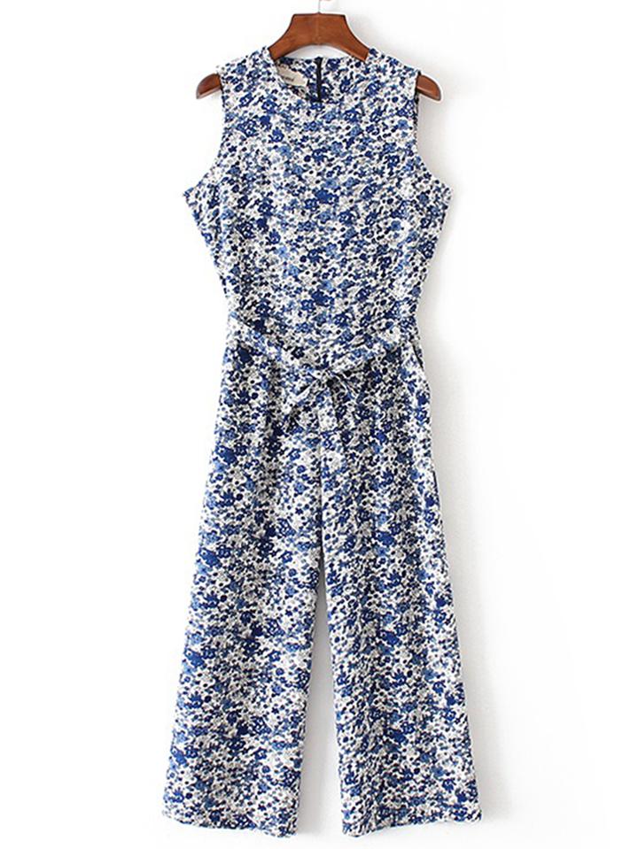 Shein Tie Waist Floral Sleeveless Jumpsuit