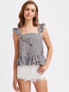 Shein Ruffle Strap Blossom Embroidered Checkered Pinafore Top