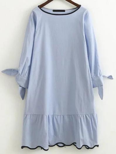 Shein Blue Contrast Binding Tie Cuff Ruffle Hem Dress