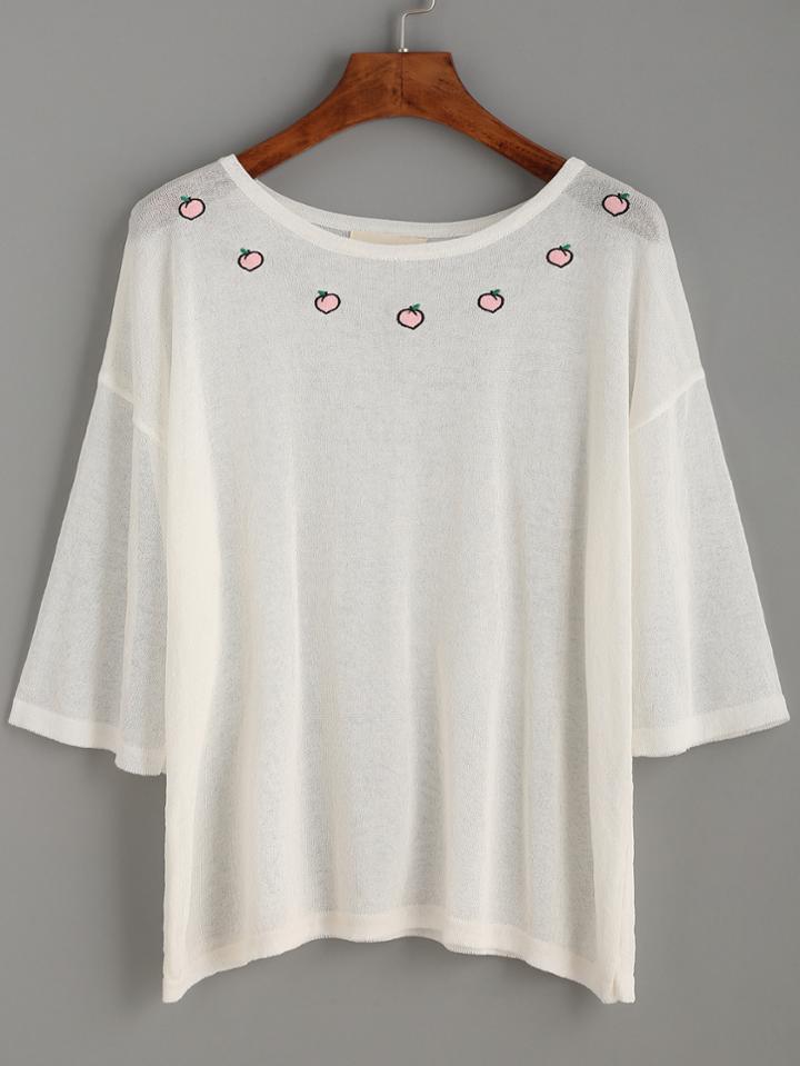 Shein White Peach Embroidered Drop Shoulder Knit Top