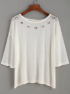 Shein White Peach Embroidered Drop Shoulder Knit Top