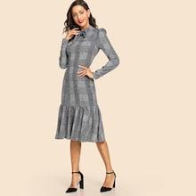 Shein Bow Front Flounce Hem Plaid Dress