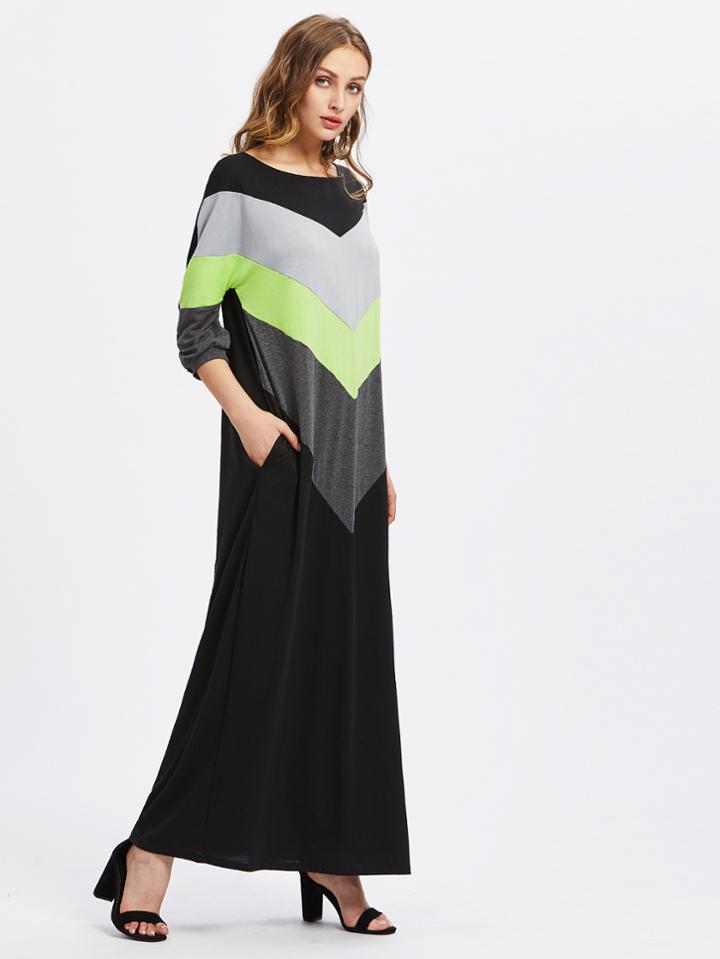 Shein Contrast Cut And Sew Chevron Full Length Dress