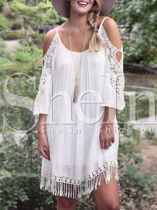 Shein Beige Open Shoulder Crochet Lace Sleeve Tassel Dress