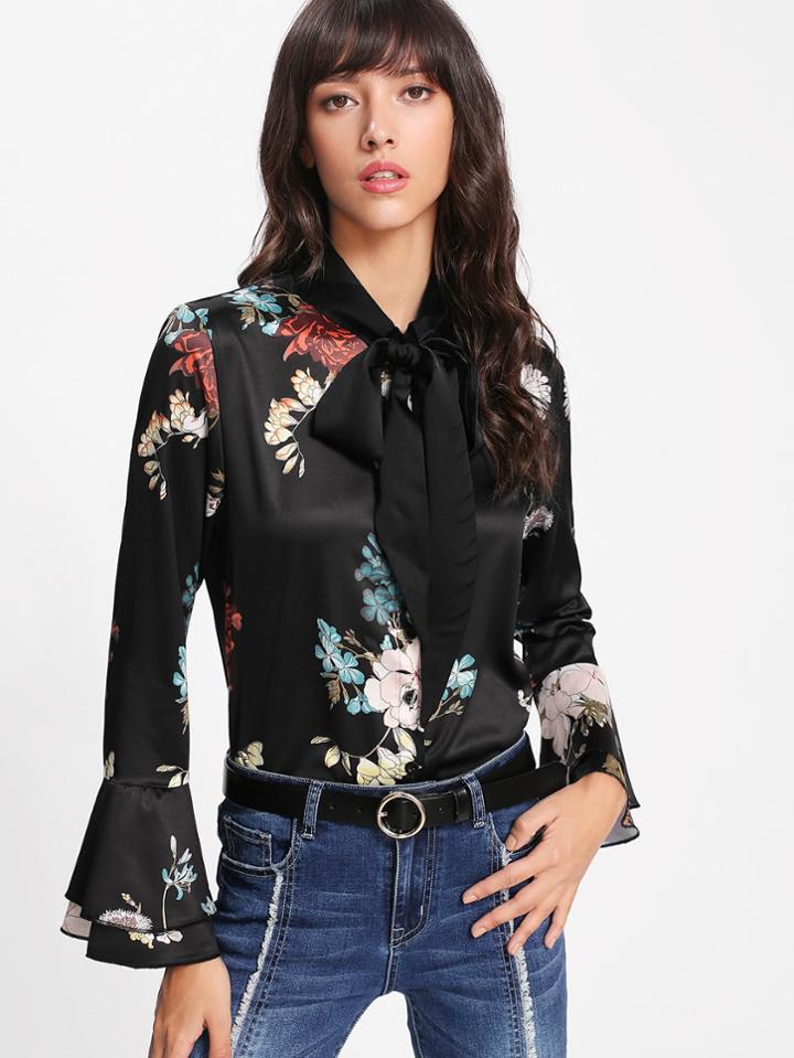 Shein Botanical Print Flare Sleeve Shirt