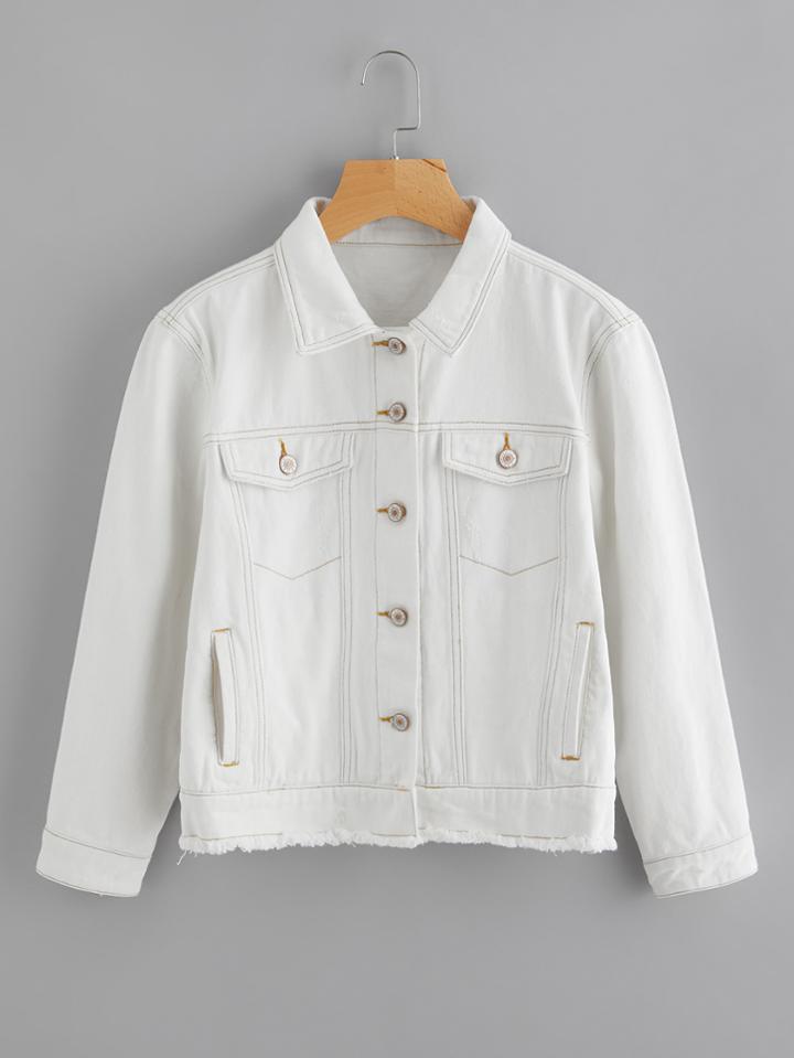 Shein Light Wash Topstitch Frayed Denim Jacket
