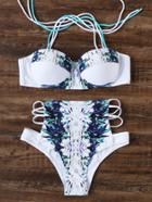 Shein White Flower Print Ladder Cutout High Waist Bikini Set