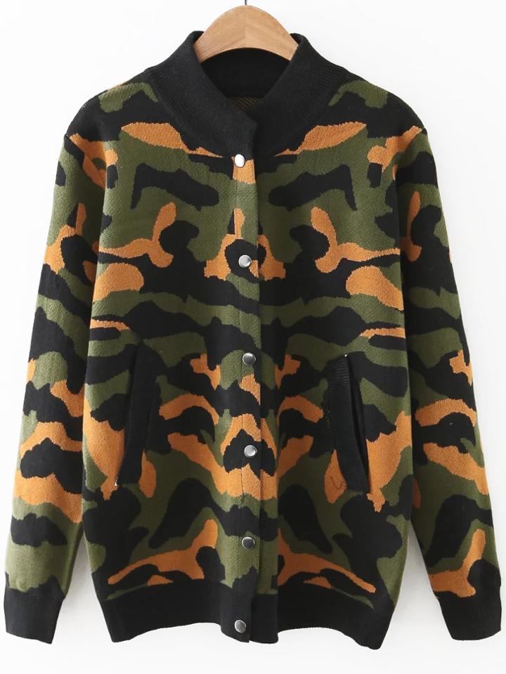 Shein Army Green Camouflage Pattern Button Up Sweater Coat