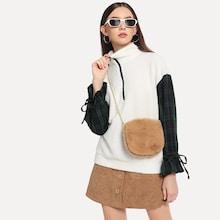 Shein Contrast Plaid Knot Cuff Teddy Sweatshirt