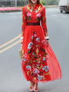 Shein Red Collar Organza Embroidered Maxi Dress