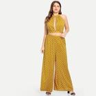 Shein Plus Cut Out Front Dot Halter Top & Pants Set