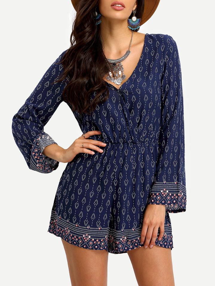 Shein V Neck Lace Up Print Cut Out Romper