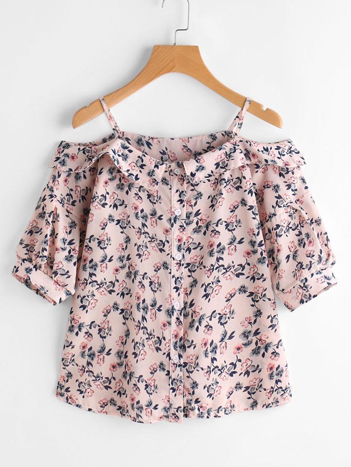 Shein Open Shoulder Ditsy Print Single Breasted Blouse