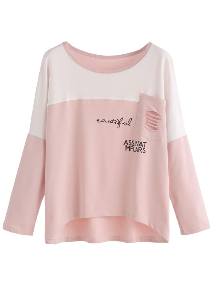 Shein Pink Contrast Letters Print Pocket T-shirt