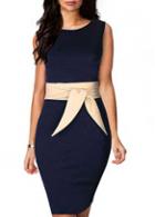 Rosewe Elegant Round Neck Sleeveless Blue Knee Length Dress