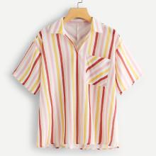 Shein Drop Shoulder Pocket Patched Striped Blouse
