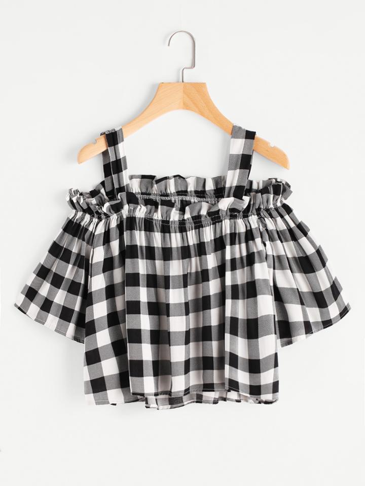 Shein Cold Shoulder Gingham Frill Trim Dip Hem Top